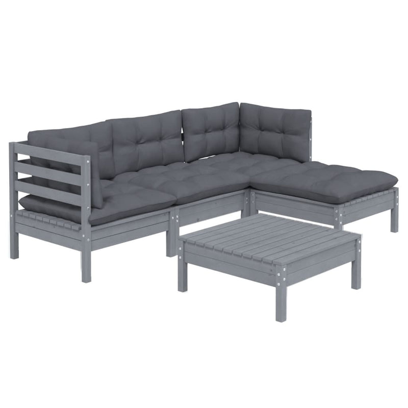 5 Piece Garden Lounge Set with Cushions Grey Pinewood