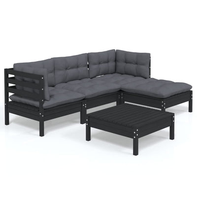 5 Piece Garden Lounge Set with Cushions Black Pinewood