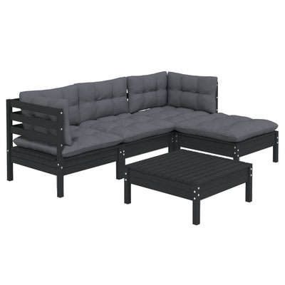 5 Piece Garden Lounge Set with Cushions Black Pinewood