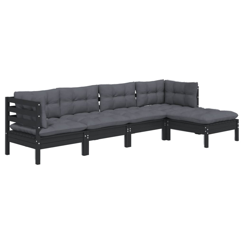 5 Piece Garden Lounge Set with Cushions Black Pinewood