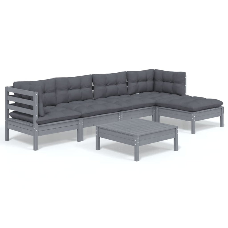 6 Piece Garden Lounge Set with Cushions Grey Pinewood