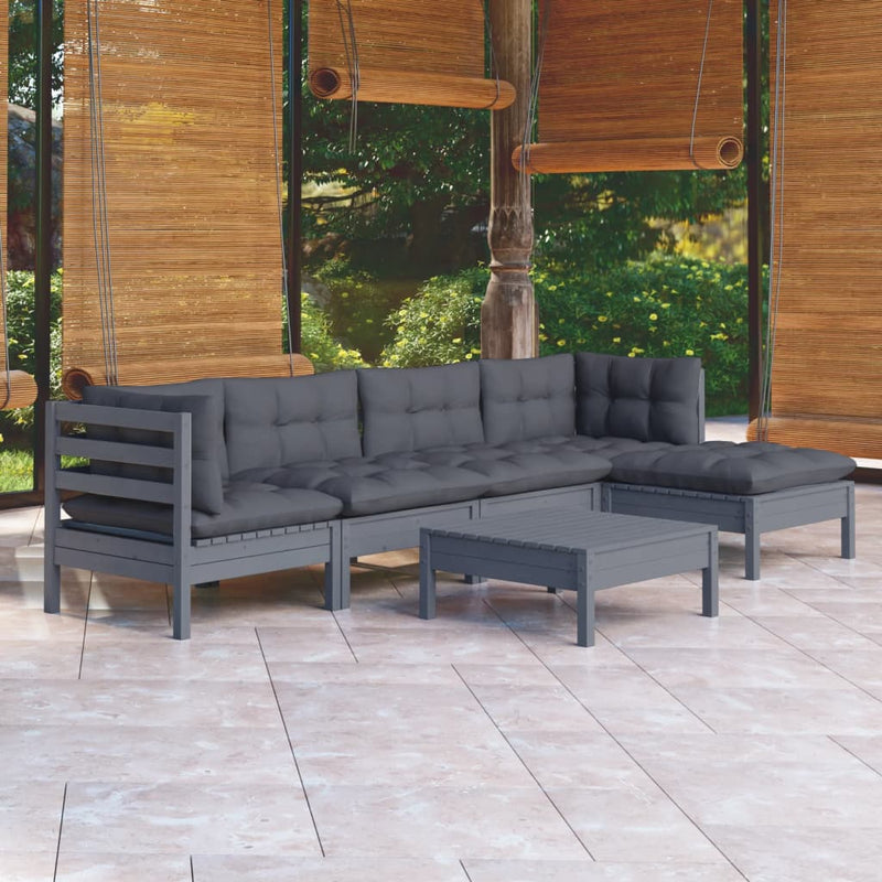 6 Piece Garden Lounge Set with Cushions Grey Pinewood