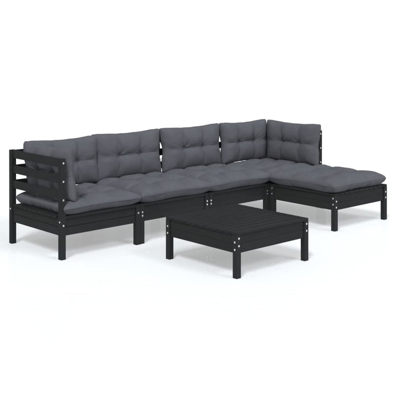 6 Piece Garden Lounge Set with Cushions Black Pinewood