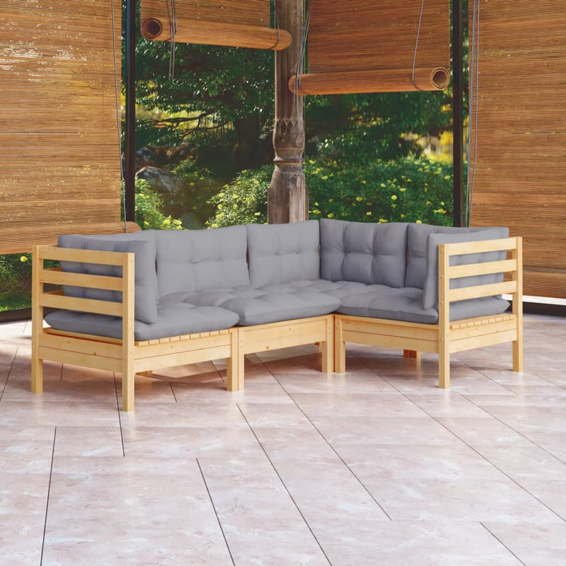 4 Piece Garden Lounge Set with Grey Cushions Pinewood