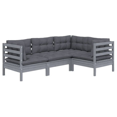 4 Piece Garden Lounge Set with Cushions Grey Pinewood