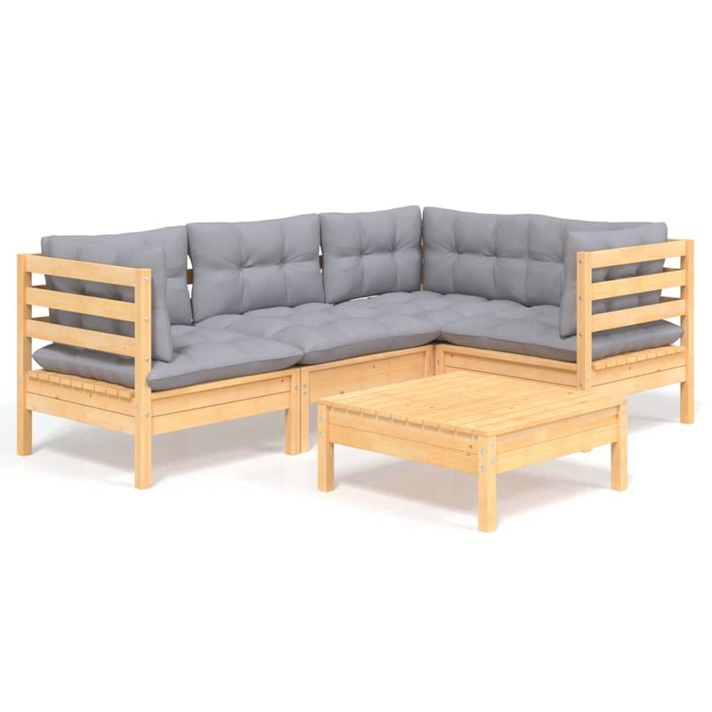 5 Piece Garden Lounge Set with Grey Cushions Pinewood