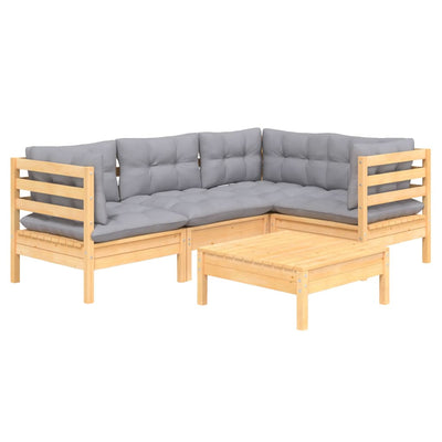 5 Piece Garden Lounge Set with Grey Cushions Pinewood