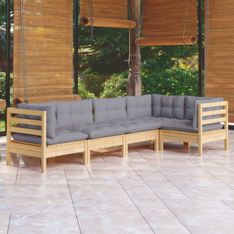 5 Piece Garden Lounge Set with Grey Cushions Pinewood