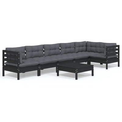 7 Piece Garden Lounge Set with Cushions Black Pinewood