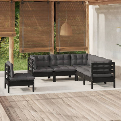 5 Piece Garden Lounge Set with Cushions Black Pinewood