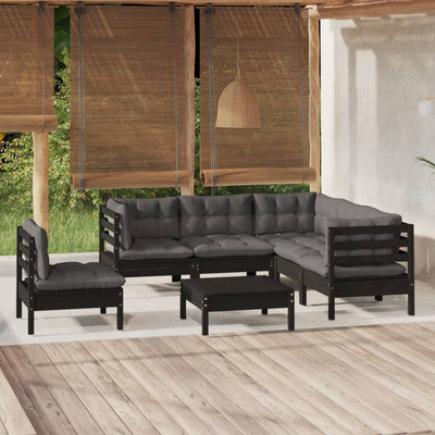 6 Piece Garden Lounge Set with Cushions Black Pinewood