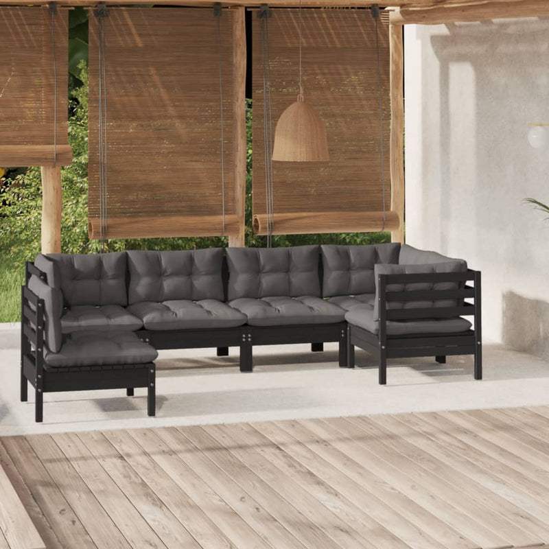 6 Piece Garden Lounge Set with Cushions Black Pinewood