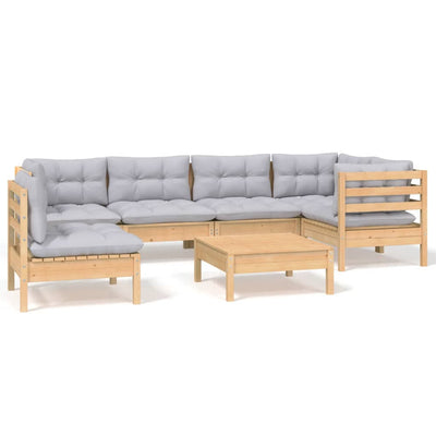 7 Piece Garden Lounge Set with Grey Cushions Pinewood