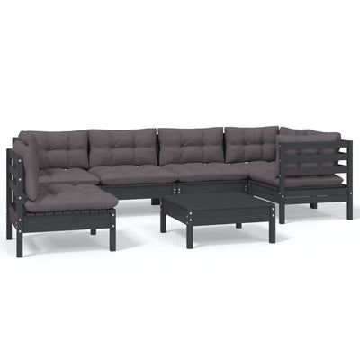 7 Piece Garden Lounge Set with Cushions Black Pinewood