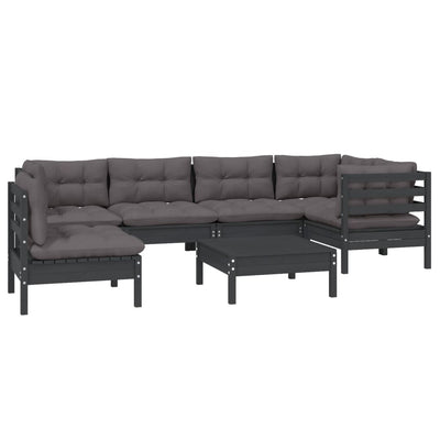 7 Piece Garden Lounge Set with Cushions Black Pinewood