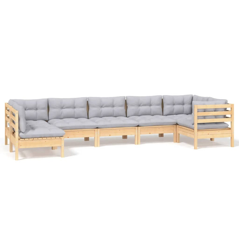 7 Piece Garden Lounge Set with Grey Cushions Pinewood