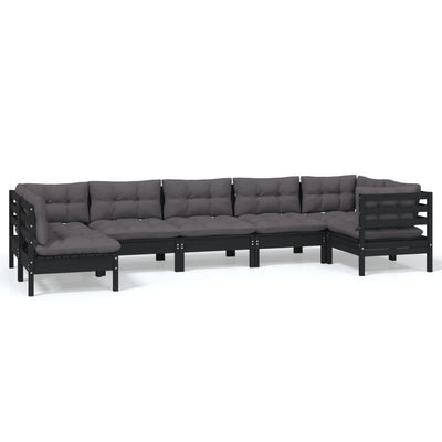 7 Piece Garden Lounge Set with Cushions Black Pinewood