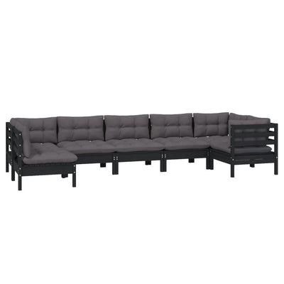 7 Piece Garden Lounge Set with Cushions Black Pinewood