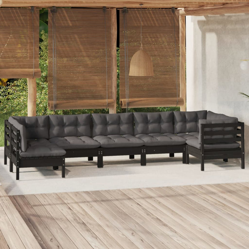 7 Piece Garden Lounge Set with Cushions Black Pinewood