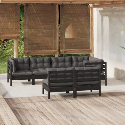 7 Piece Garden Lounge Set with Cushions Black Solid Pinewood