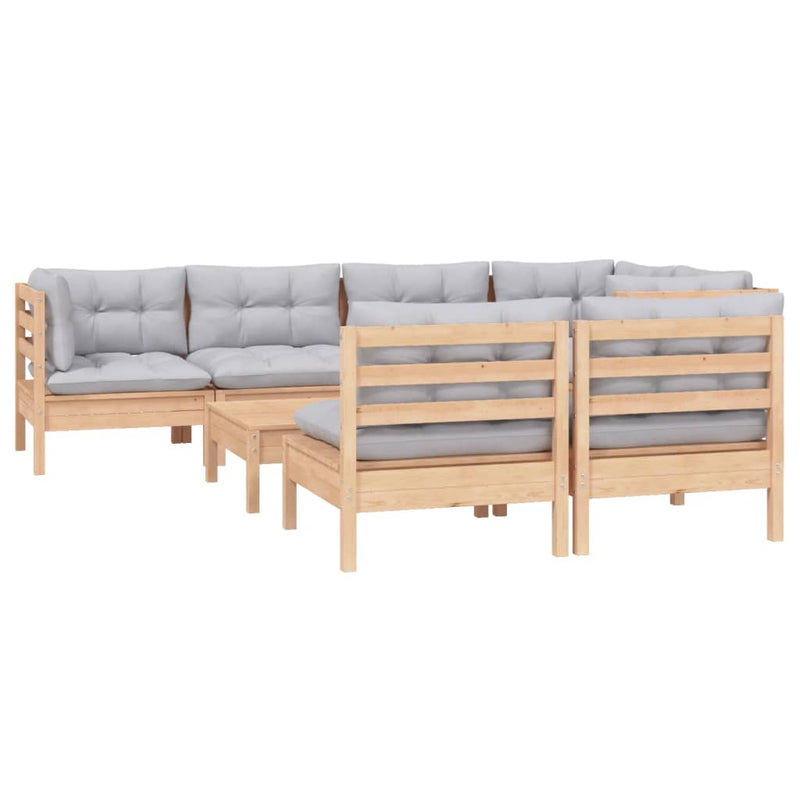 8 Piece Garden Lounge Set with Grey Cushions Solid Pinewood