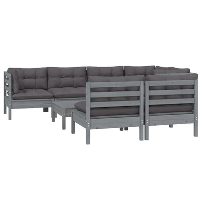 8 Piece Garden Lounge Set with Cushions Grey Solid Pinewood