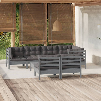 8 Piece Garden Lounge Set with Cushions Grey Solid Pinewood