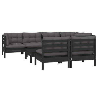 8 Piece Garden Lounge Set with Cushions Black Solid Pinewood