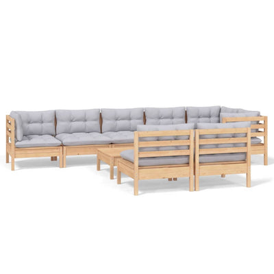 9 Piece Garden Lounge Set with Grey Cushions Solid Pinewood