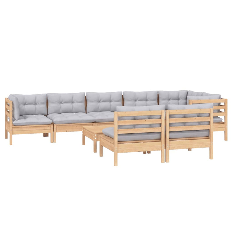 9 Piece Garden Lounge Set with Grey Cushions Solid Pinewood