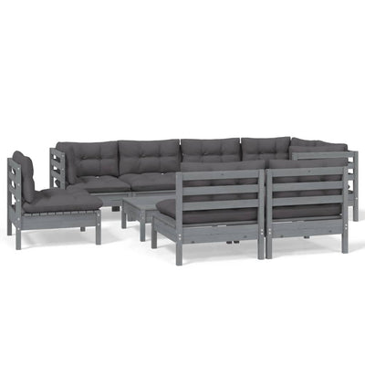 9 Piece Garden Lounge Set with Cushions Grey Solid Pinewood