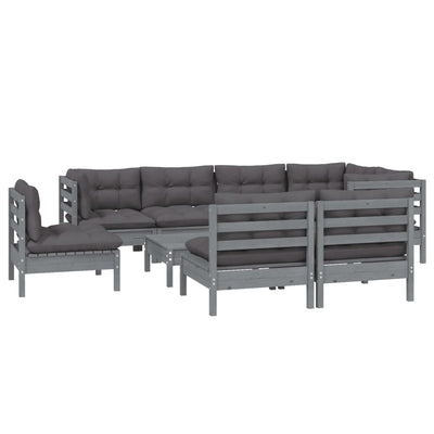 9 Piece Garden Lounge Set with Cushions Grey Solid Pinewood