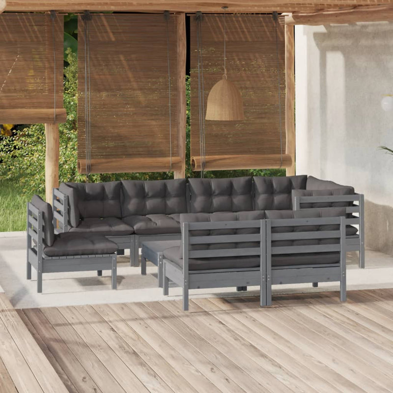 9 Piece Garden Lounge Set with Cushions Grey Solid Pinewood