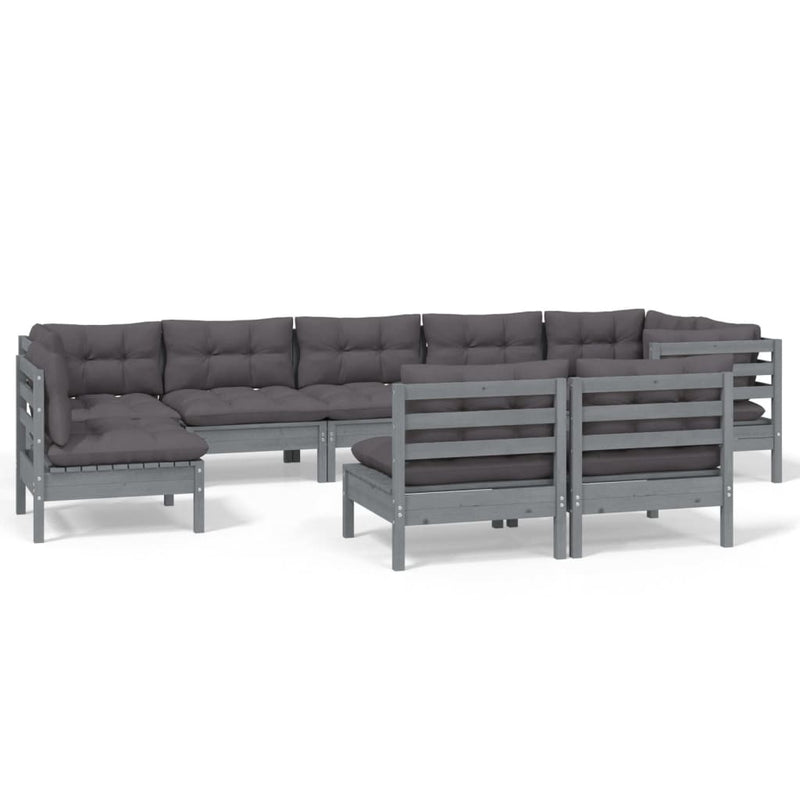 9 Piece Garden Lounge Set with Cushions Grey Solid Pinewood