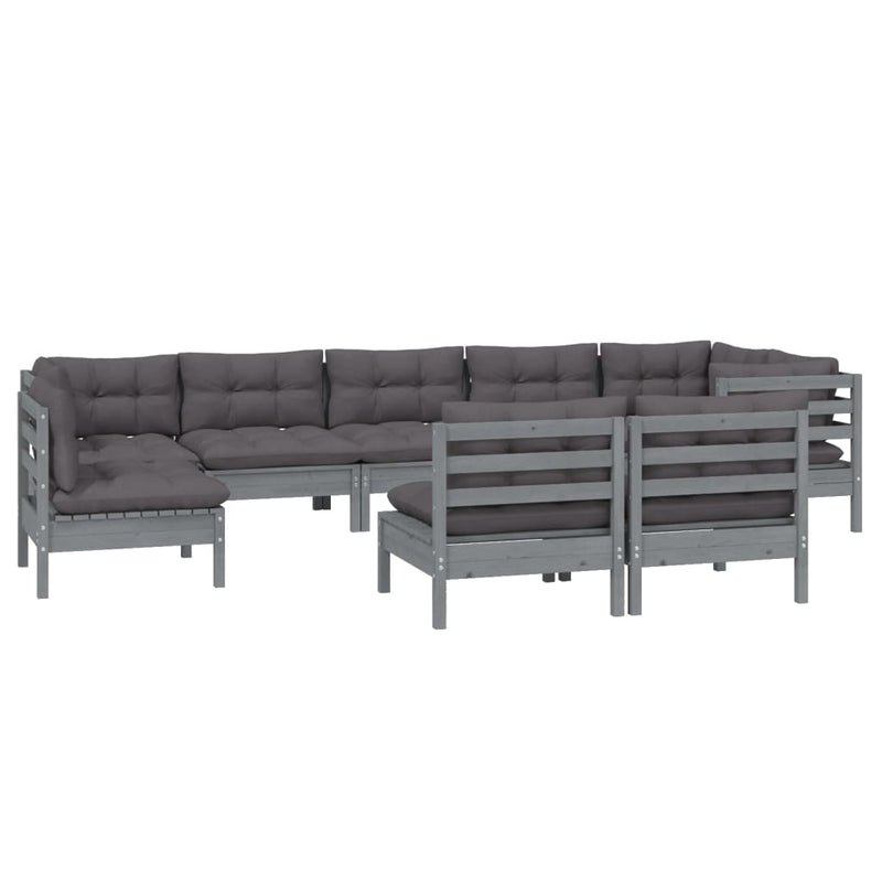 9 Piece Garden Lounge Set with Cushions Grey Solid Pinewood