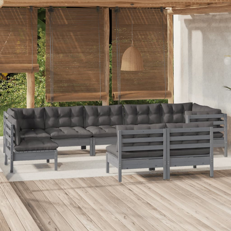 9 Piece Garden Lounge Set with Cushions Grey Solid Pinewood