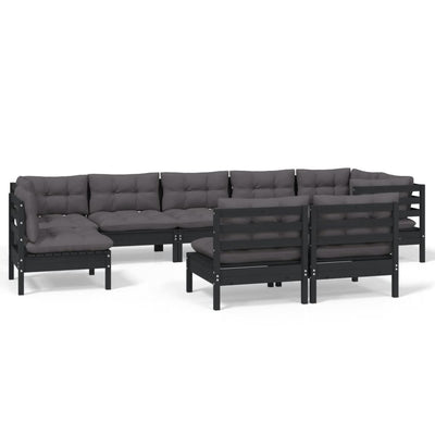 9 Piece Garden Lounge Set with Cushions Black Solid Pinewood