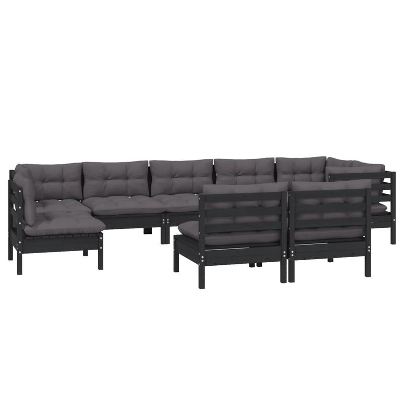 9 Piece Garden Lounge Set with Cushions Black Solid Pinewood