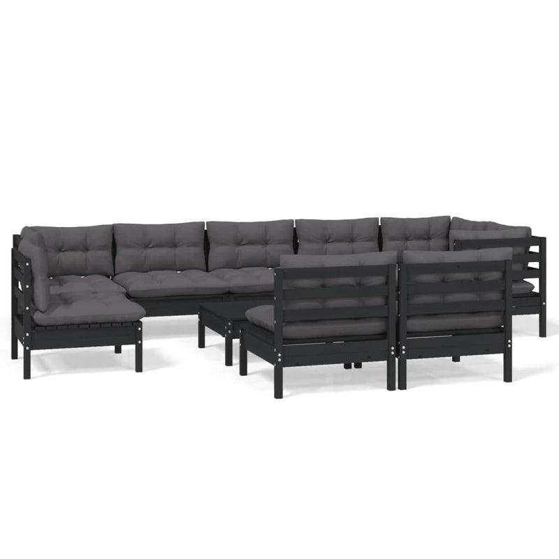 10 Piece Garden Lounge Set with Cushions Black Solid Pinewood