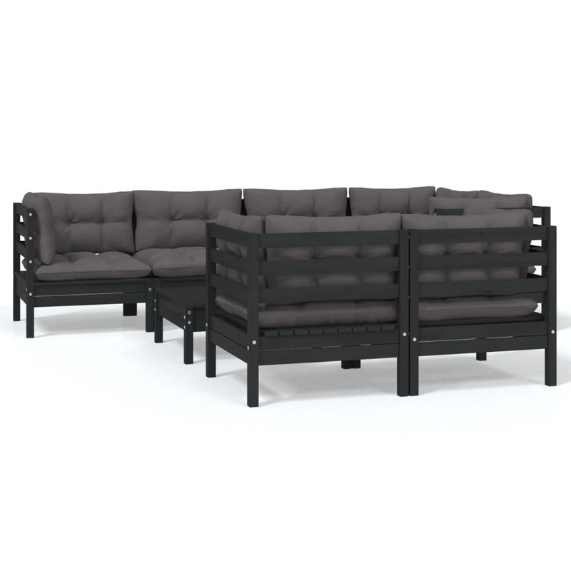 8 Piece Garden Lounge Set with Cushions Black Solid Pinewood