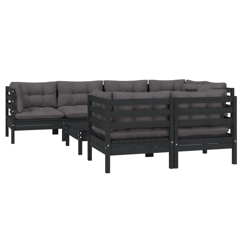 8 Piece Garden Lounge Set with Cushions Black Solid Pinewood