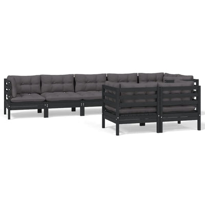 8 Piece Garden Lounge Set with Cushions Black Solid Pinewood