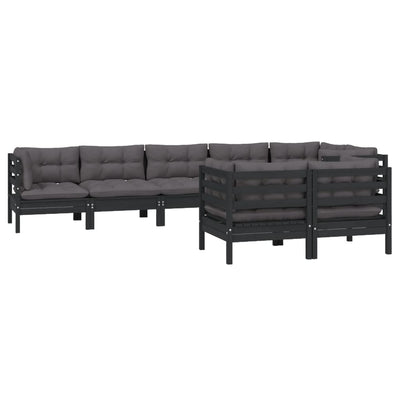 8 Piece Garden Lounge Set with Cushions Black Solid Pinewood