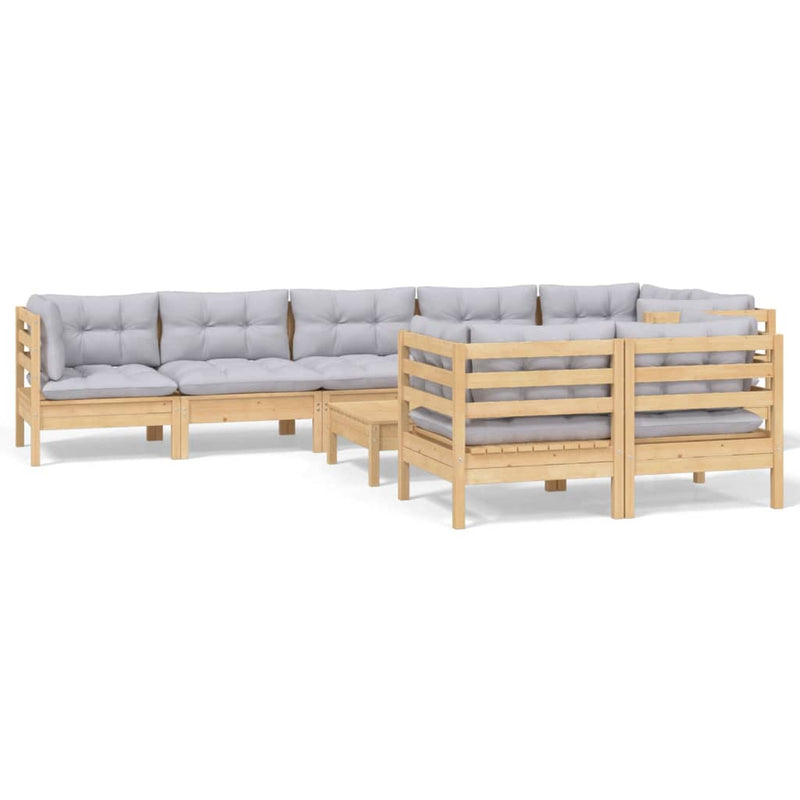 9 Piece Garden Lounge Set with Grey Cushions Solid Pinewood