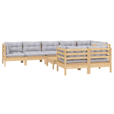 9 Piece Garden Lounge Set with Grey Cushions Solid Pinewood