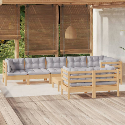 9 Piece Garden Lounge Set with Grey Cushions Solid Pinewood