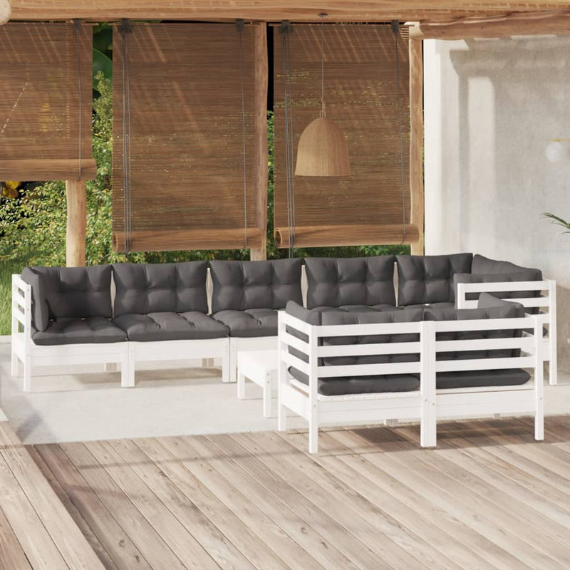 9 Piece Garden Lounge Set with Cushions White Solid Pinewood