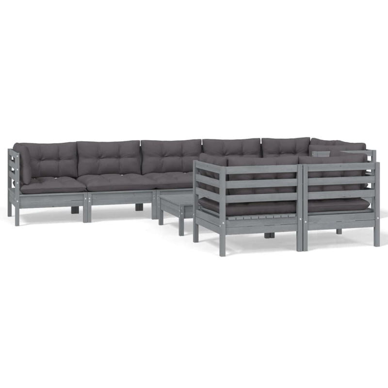 9 Piece Garden Lounge Set with Cushions Grey Solid Pinewood