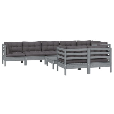 9 Piece Garden Lounge Set with Cushions Grey Solid Pinewood