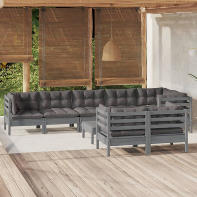 9 Piece Garden Lounge Set with Cushions Grey Solid Pinewood